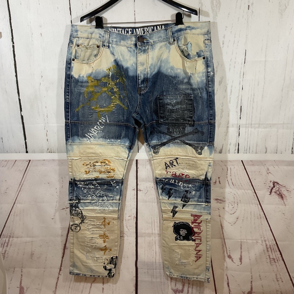 Men's Stacked Denim Jeans 42x34 Distressed Painted Y2K Grunge Hendrix Streetwear